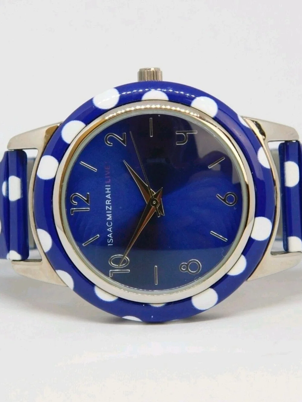 ISAAC MIZRAHI NEW Navy Polka Dot Stretch Band Women's Watch